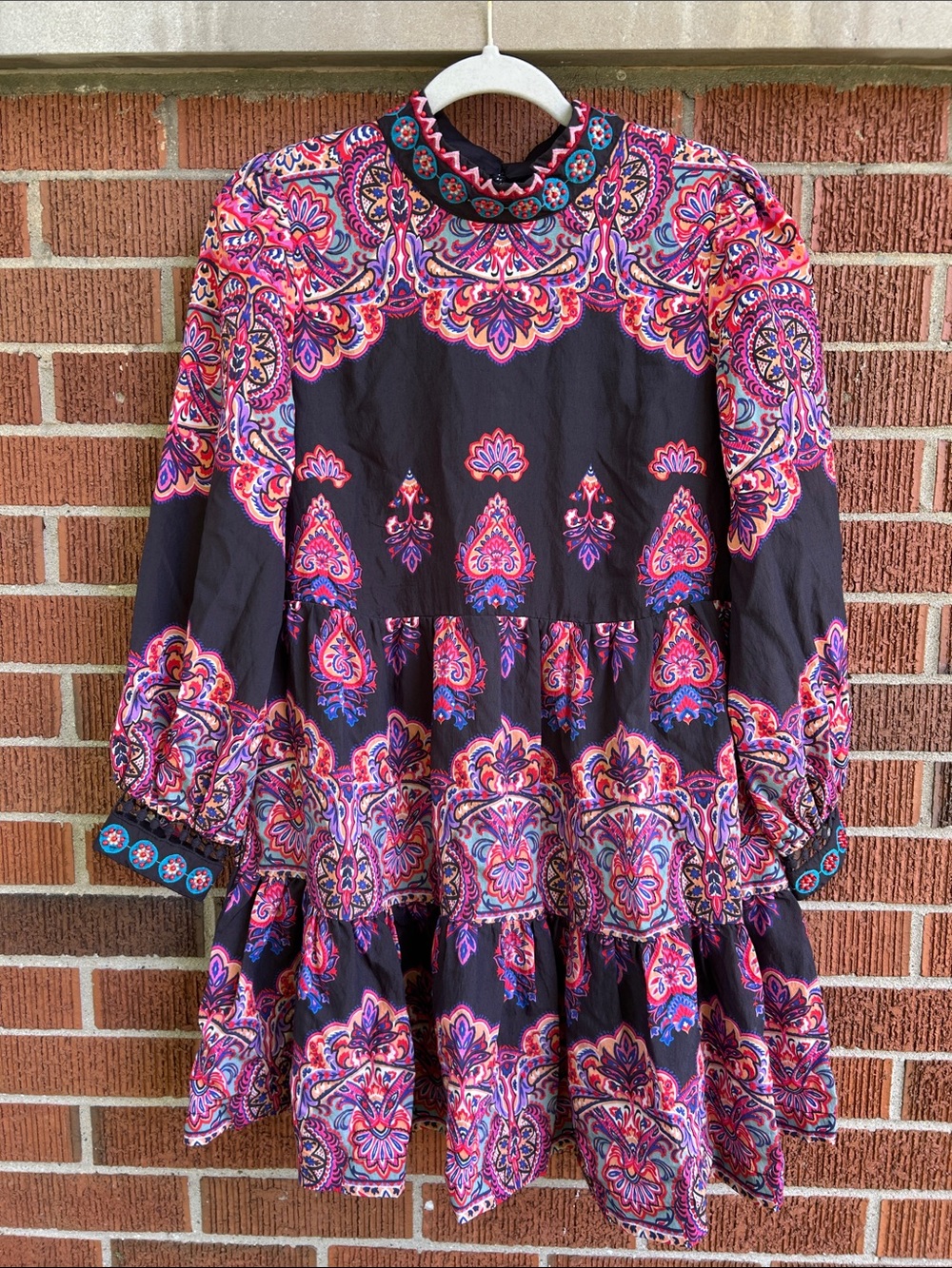 Anthropologie Women’s Black & Pink Paisley Tiered Dress